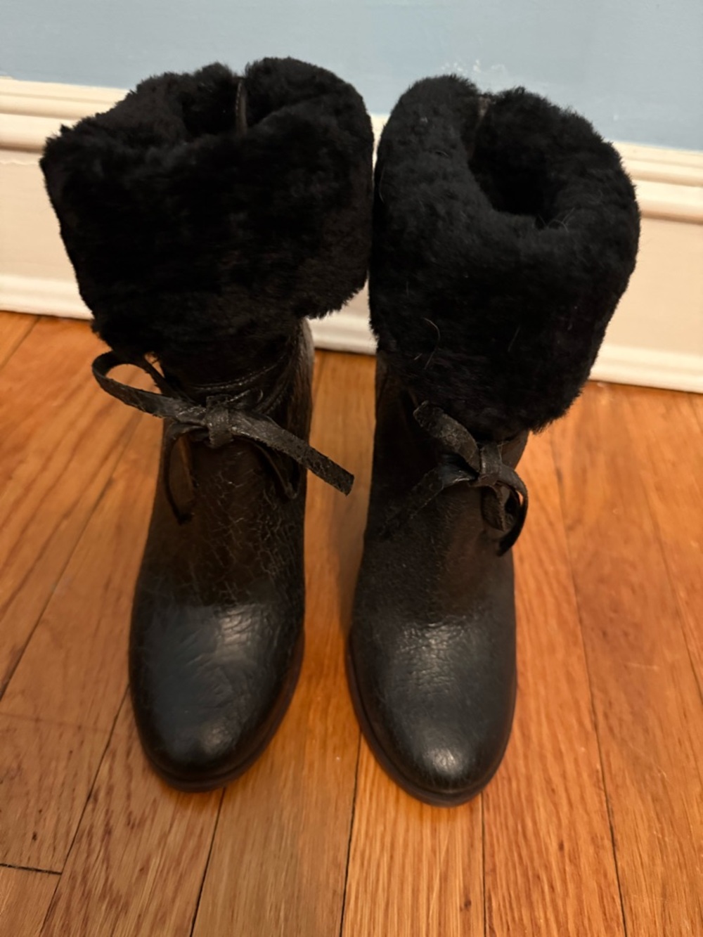 TIPA MARCH PARIS Fur Cuff Black Heeled Ankle Boots with Bow Detail